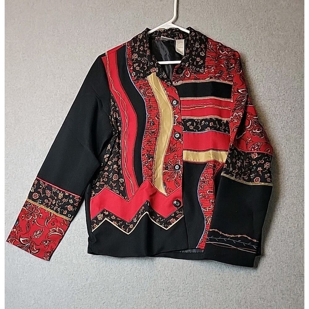 Vtg Koret 80's Red Black Floral Silk Rayon Patchwork LS Button Up Women's Medium